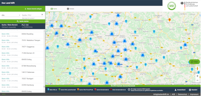 Screenshot der Webseite 'Das Land hilft'